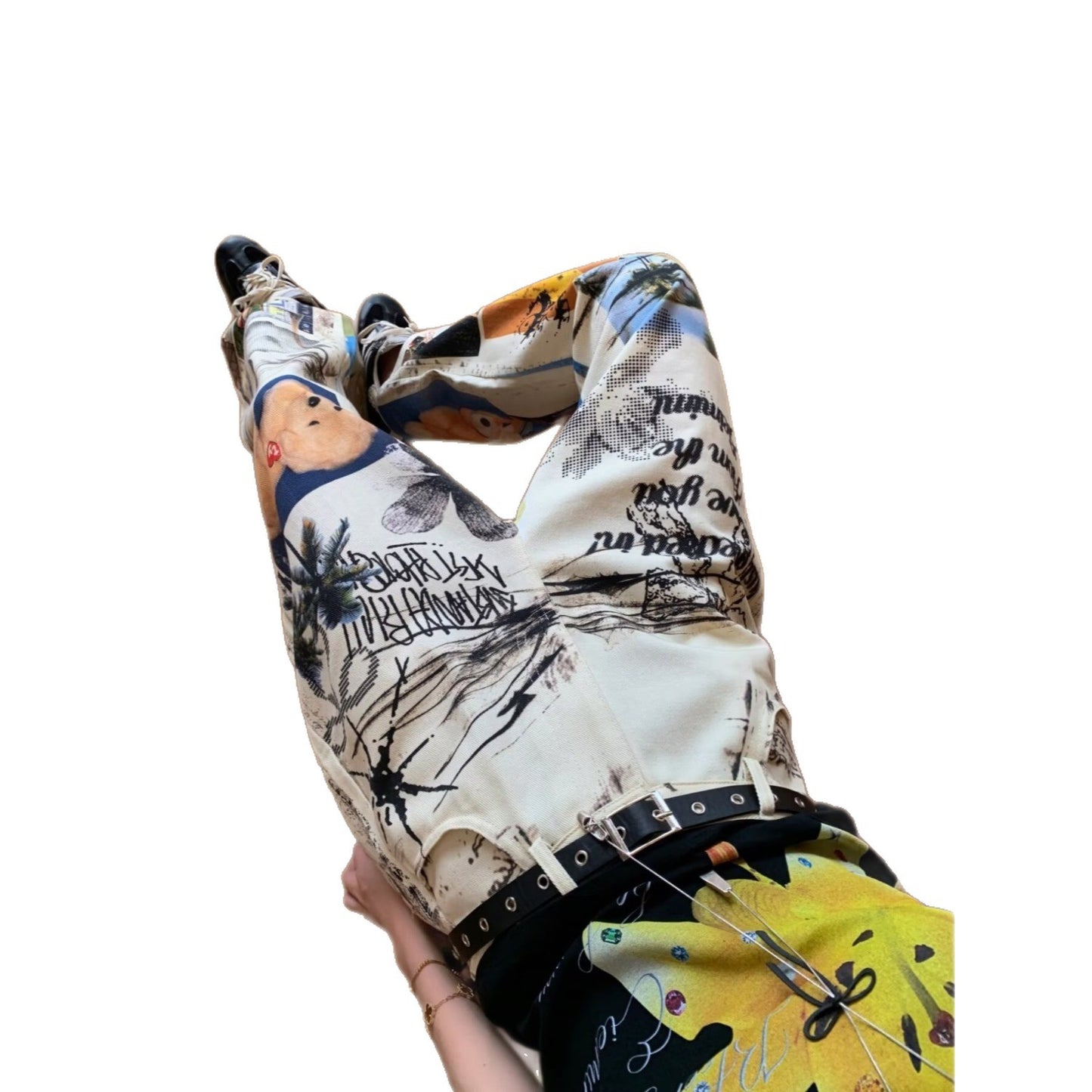 American-style Retro High-waist Women's Denim Jeans With A Fun Printed Design