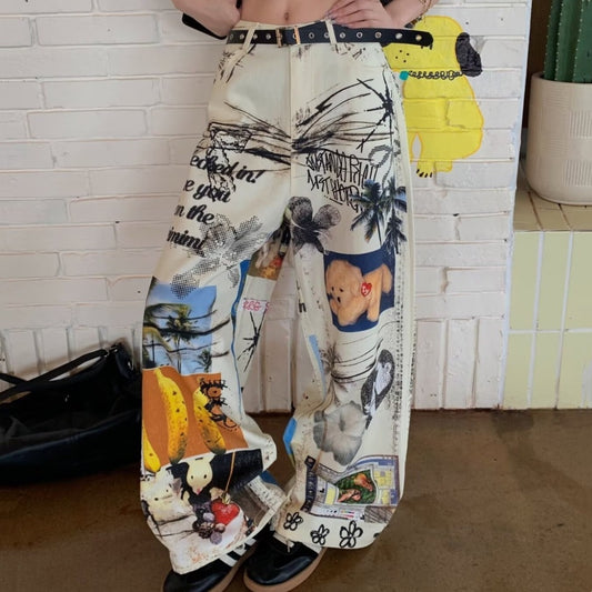 American-style Retro High-waist Women's Denim Jeans With A Fun Printed Design