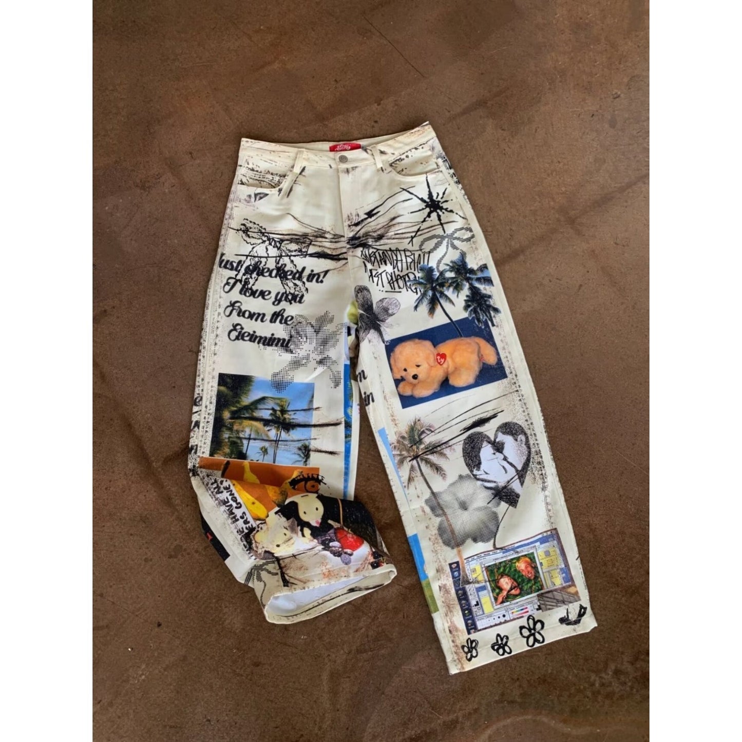 American-style Retro High-waist Women's Denim Jeans With A Fun Printed Design