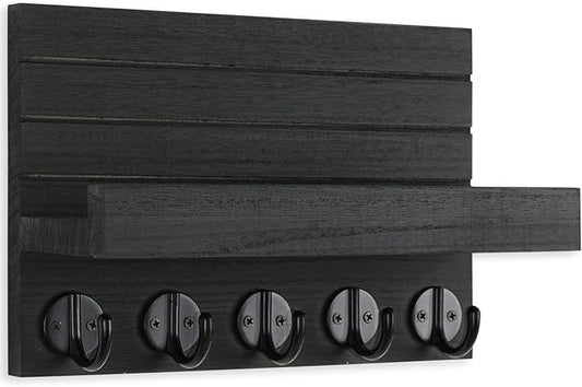 Key Holder for Wall, Decorative Key and Mail Holder with Shelf Has Large Hooks for Bags, Coats, Umbrella – Paulownia Wood Key Hanger with Mounting Hardware (9.8”W x 6.7”H x 4.2”D)