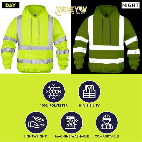 Men’s Hi Vis Hoodie Reflective Safety Sweatshirt Workwear Pullover