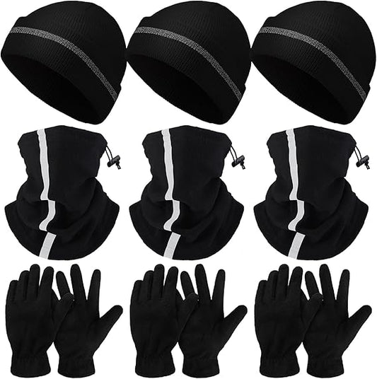 Eurzom 9 Pcs Reflective Beanie Hat Scarf Glove High Visibility Safety Beanie Hat Winter Reflective Neck Gaiter Beanie Gloves