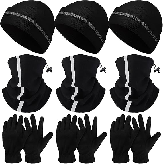 Eurzom 9 Pcs Reflective Beanie Hat Scarf Glove High Visibility Safety Beanie Hat Winter Reflective Neck Gaiter Beanie Gloves