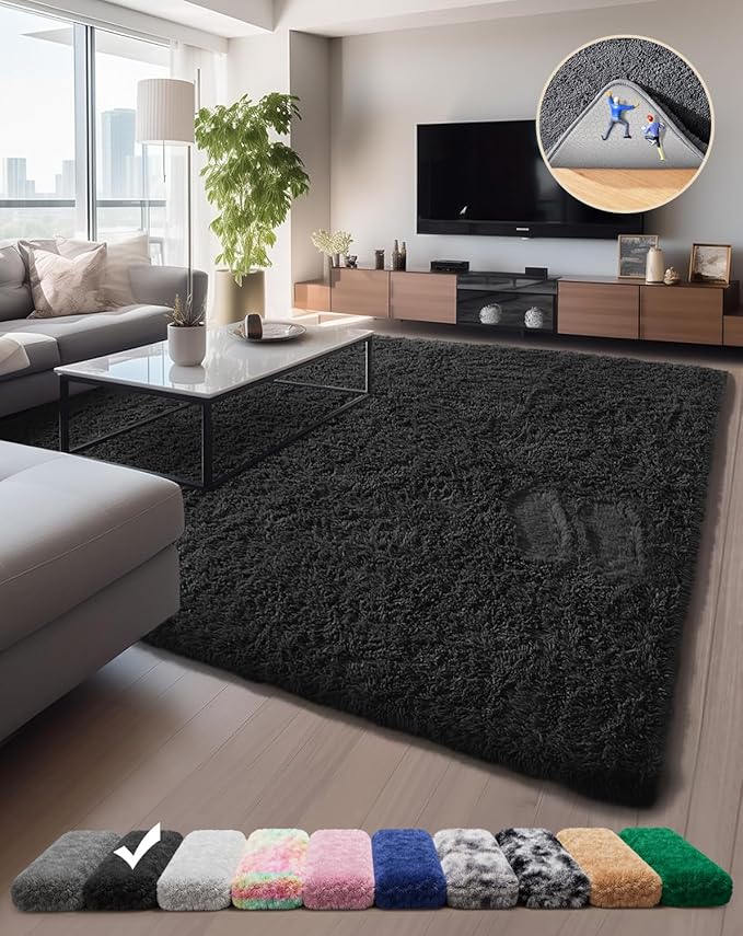 Grey Fluffy Shaggy Rug Non-Slip Soft Plush Carpet for Living Room Bedroom