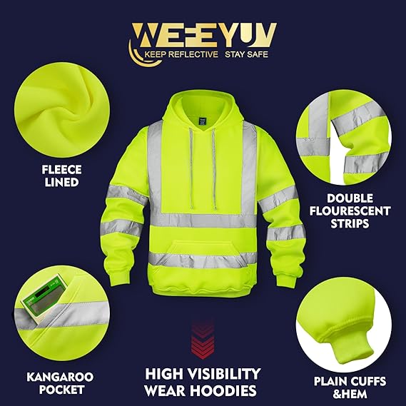 Men’s Hi Vis Hoodie Reflective Safety Sweatshirt Workwear Pullover