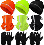 Eurzom 9 Pcs Reflective Beanie Hat Scarf Glove High Visibility Safety Beanie Hat Winter Reflective Neck Gaiter Beanie Gloves