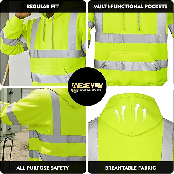 Men’s Hi Vis Hoodie Reflective Safety Sweatshirt Workwear Pullover