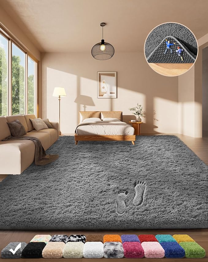 Grey Fluffy Shaggy Rug Non-Slip Soft Plush Carpet for Living Room Bedroom
