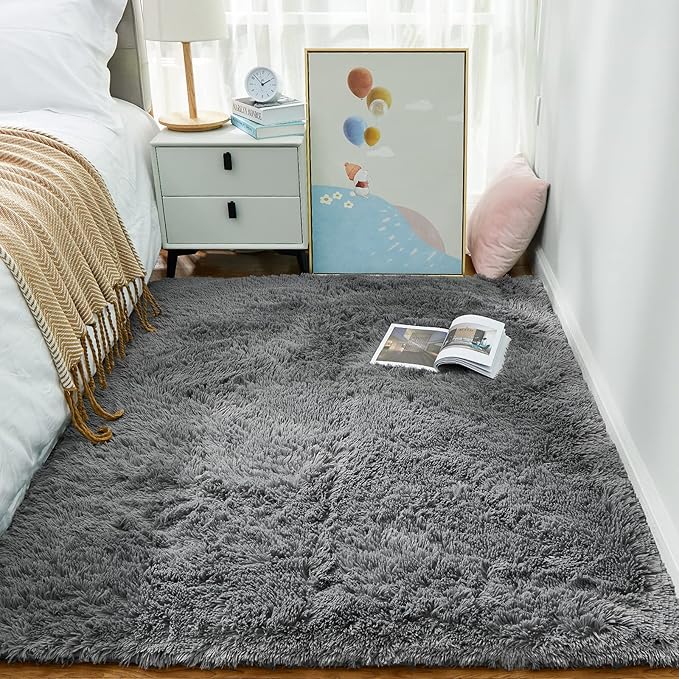 Grey Fluffy Shaggy Rug Non-Slip Soft Plush Carpet for Living Room Bedroom