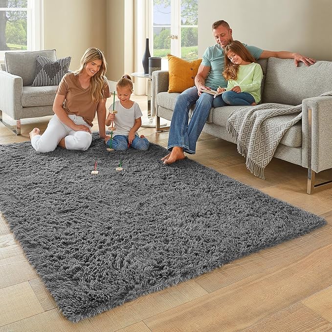 Grey Fluffy Shaggy Rug Non-Slip Soft Plush Carpet for Living Room Bedroom